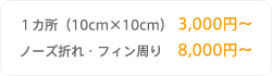 １カ所（10cm×10cm）　3,000円〜
ノーズ折れ・フィン周り　8,000円〜